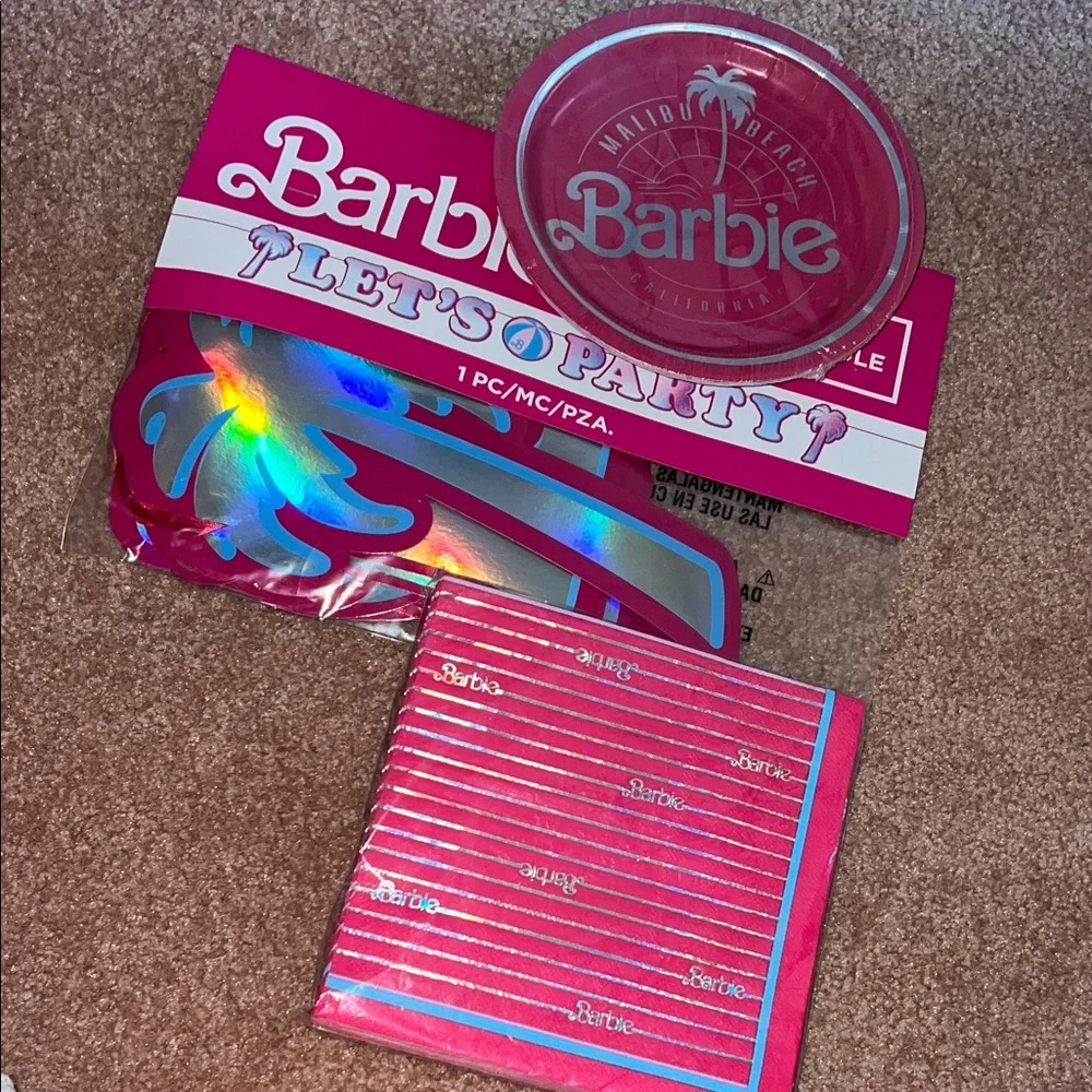 NWT 25pc Lets Go Party Barbie banner plates & napkins